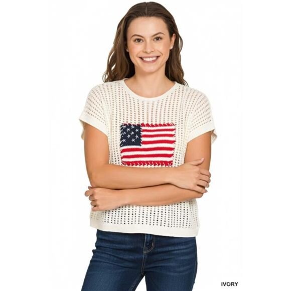 Zenana Viscose American Flag Openwork Knit Top - Picture 1 of 2